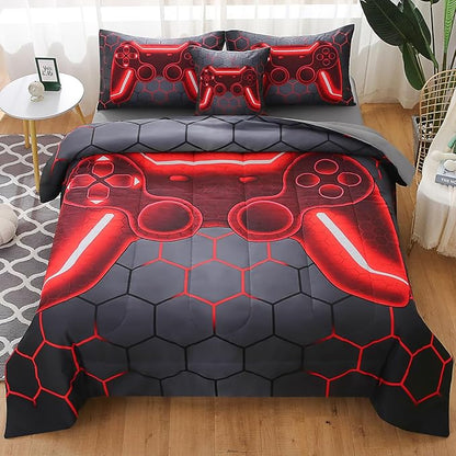 JQinHome Queen Gamer Comforter Set for Boys Girls Kids,6 Piece Bed in A Bag 3D Video Game Bedding -All Season Soft Microfiber Down Alternative Comforter Gamer Bedding Sets with Sheets （Red）