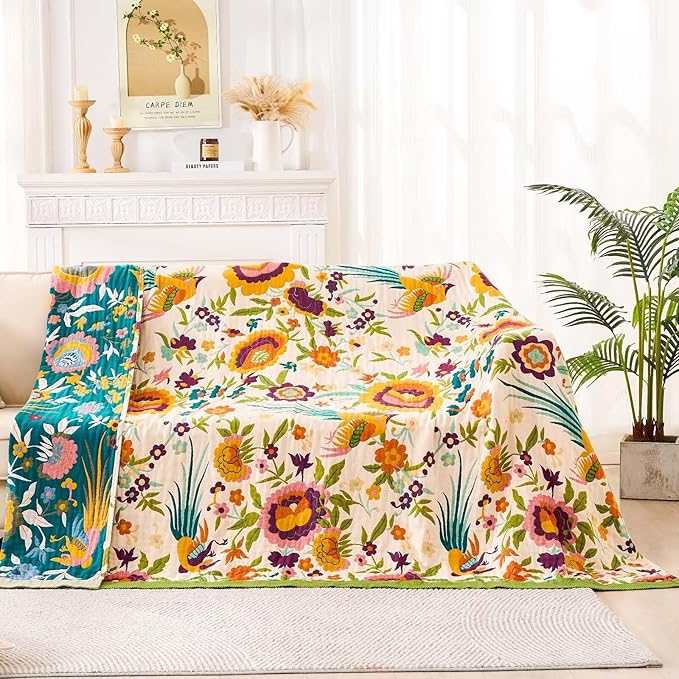 Boho Throw Blanket for Bed, 100% Cotton Soft Rustic Quilt Fall Blanket, 60"x80" Floral Printed Farmhouse Decor Bed Blankets, All Season Rustic Reversible Bohemian Throw Quilt