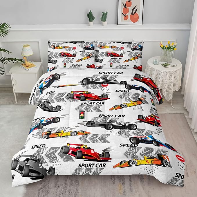 Axolotl Racing Car Comforter Set Twin Size,Extreme Sports Boys Bedding Set for Boys Teens Girls Car Racing Gifts,Race Cars Quilt Bed Set with 1 Comforter 2 Pillowcases,Multi Color