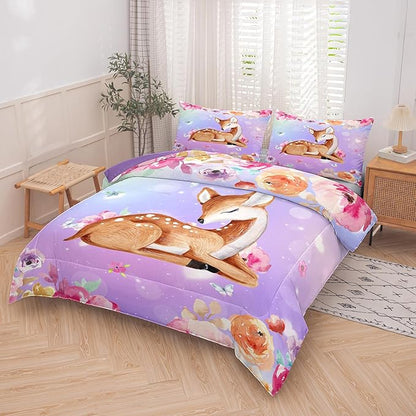 NINENINE Cute Deer Bedding for Girls Kawaii Deer Comforter Sets for Girls,Pink Deer Bedding Twin Bedding Set for Kids Girls,Watercolor Wildlife Comforter with 1 Comforter 1 Pillowcase…