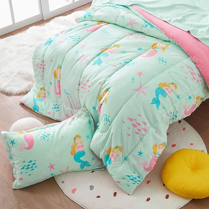 SLEEP ZONE 3 Pieces Comforter Set, Breathable & Super Soft All Season Kids Comforter Set, Cartoon Design for Children, Girls, Easy Care, Washable (Mermaid Princess, Full/Queen)