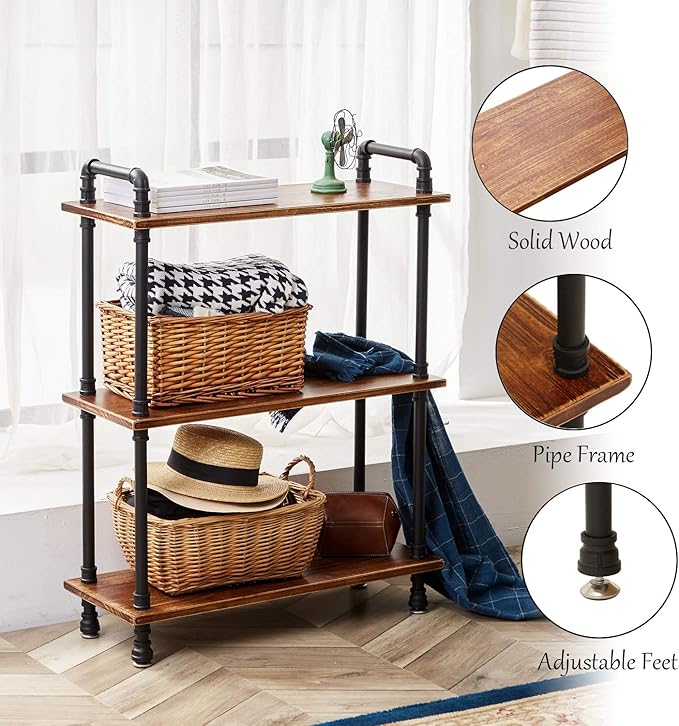 Industrial Bookshelf, Pipe Shelves, Industrial Pipe Shelving, 3 Tier Bookshelf,Pipe Bookshelf,Industrial Pipe Shelf(Rustic Brown, 29.5" L x 11.8" W x 39" H)