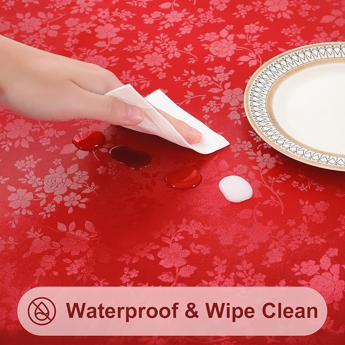 Smiry Rectangle Waterproof Heavy Duty Vinyl Tablecloths, 60 x 84 Inch | Wipeable Washable Floral Embossed Table Cover for Kitchen and Dining Room, Indoor & Outdoor Use, Red