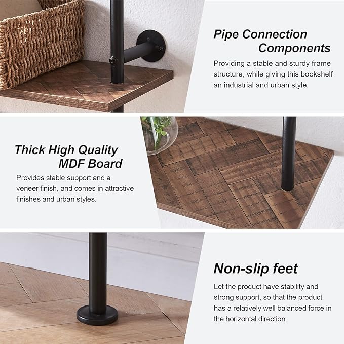 HOMISSUE Industrial Bookshelf 6-Tier Open Wall Mount Ladder Bookshelf, Modern Bookcase with Metal Frame and Wood Style for Home Office, Wall Mounted industrial Iron Pipe Shelf, Brown