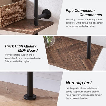 HOMISSUE Industrial Bookshelf 6-Tier Open Wall Mount Ladder Bookshelf, Modern Bookcase with Metal Frame and Wood Style for Home Office, Wall Mounted industrial Iron Pipe Shelf, Brown