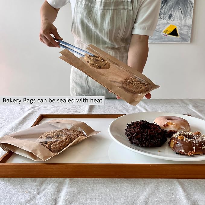 100 Pcs cozymomdeco Korean Made Bakery Bags with Window, Paper Sandwich Bags, Donut To Go, Bakery for Treat, Snack, Cookie Packaging Pastry Bags (Brown) (Large)