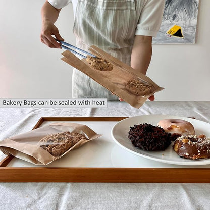100 Pcs cozymomdeco Korean Made Bakery Bags with Window, Paper Sandwich Bags, Donut To Go, Bakery for Treat, Snack, Cookie Packaging Pastry Bags (Brown) (Large)