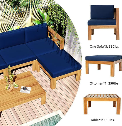 5-Piece Outdoor Patio Furniture Sectional Sets, Wooden L-shaped Corner Sofa Seating with Tea Table and Removable, Backyard Gardern Deck, Natural Finish+ Blue Cushions