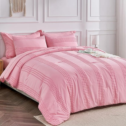 ENJOHOS Girls Full Size Comforter Bedding Sets Pink, 3 PCS Boho Comforter with Tufted Dots, Shabby Chic Bedding Comforter for All Season, Lightweight Fluffy Microfiber Comforter with 2 Pillowcases
