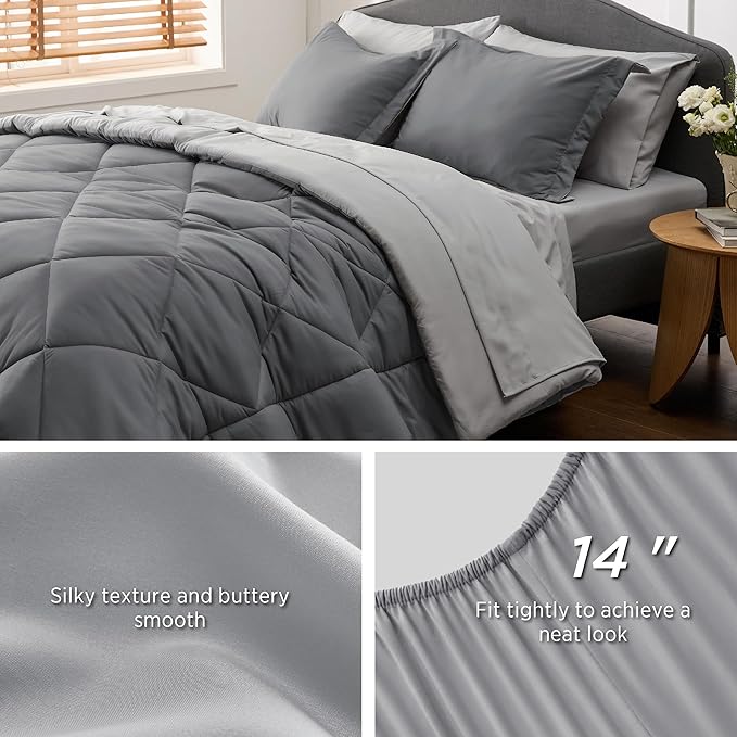 Bedsure Dark Grey King Size Comforter Set - 7 Pieces Reversible King Bed in a Bag, King Bed Set Dark Grey with Comforters, Sheets, Pillowcases & Shams