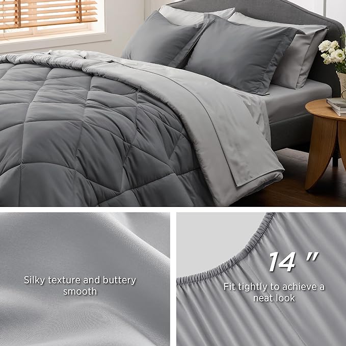 Bedsure Dark Grey Twin XL Comforter Set - 5 Pieces Reversible Twin XL Bed in a Bag for College, Extra Long Twin Bed Set Dark Grey with Comforters, Sheets, Pillowcase & Sham
