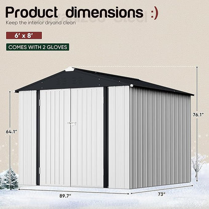 GUNJI 8 x 6 FT Shed Outdoor Storage Shed Metal Garden Shed with Lockable Door Outside Waterproof Tool Shed for Backyard, Patio, Lawn (White)