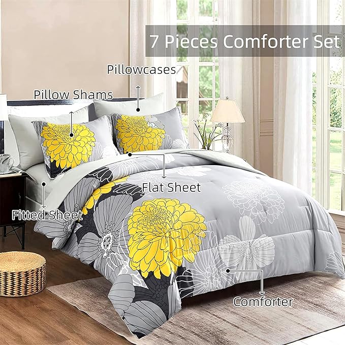 7 Pieces Bed in a Bag Comforter Set Yellow Floral Comforter Flowers Soft Microfiber Bedding Set King Size (1 Comforter 1 Flat Sheet 1 Fitted Sheet 2 Pillowshams 2 Pillowcases)