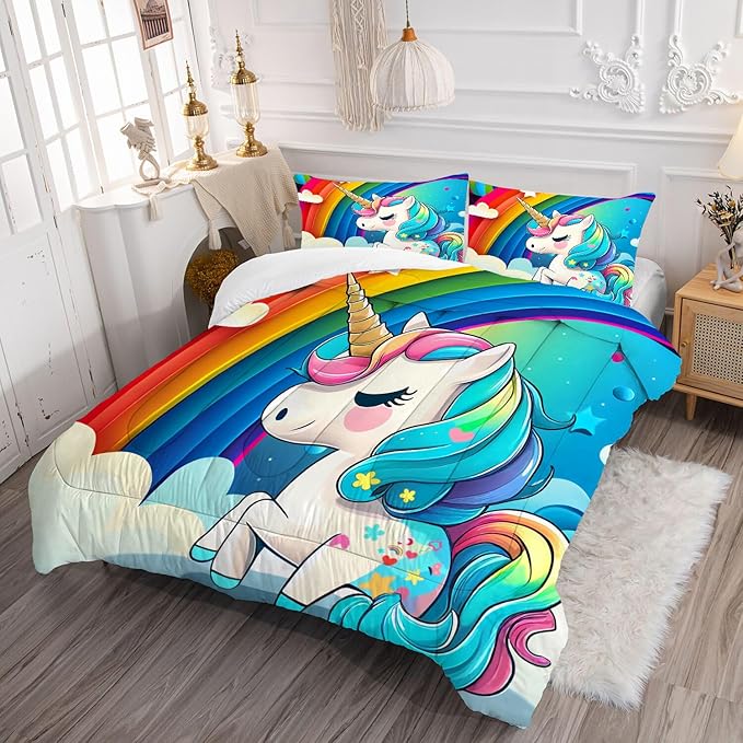 Rainbow Unicorn Bedding Sets Queen Size Comforter Set for Girls Kids Children Teens Boys Cartoon Unicorn Colorful Starry Blue Glitter Quilt 1 Comforter + 2 Pillow Cases