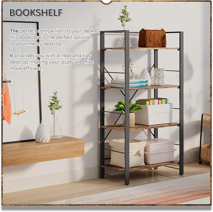 4NM Bookshelf 4 Tier Industrial Bookcase Home Office Adjustable Bookshelves Storage Shelves Organizer Vintage Book Shelf Display Rack for Living Room, Bedroom,Home - Rustic Brown