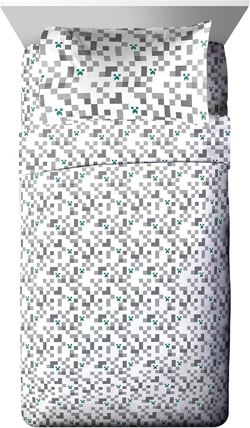 Minecraft Creeper Twin Comforter Set - 5 Piece Gamer Bedding includes Sheet Set & Pillow Covers - Super Soft Checkered Kids Bedding