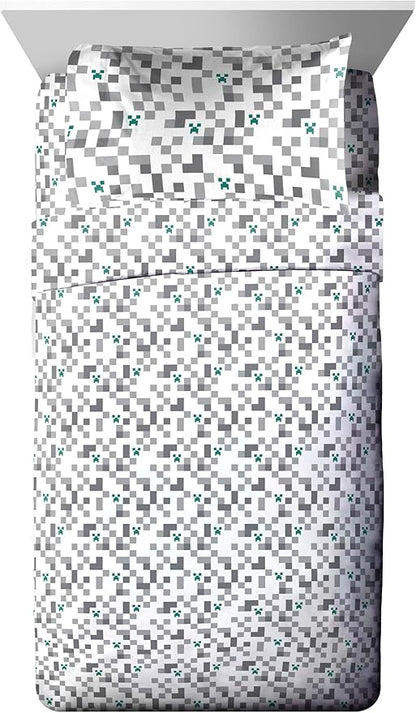 Minecraft Creeper Full Comforter Set - 7 Piece Gamer Bedding includes Sheet Set & Pillow Covers - Super Soft Checkered Kids Bedding