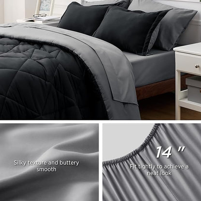 Bedsure Black California King 7 Pieces Reversible Bed Set Bed in a Bag with Comforters, Sheets, Pillowcases & Shams, Bedding Sets
