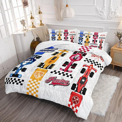 Axolotl Racing Car Comforter Set Full Size,Colorful Sports Car Bedding Set for Kids Boys Teen Adult,Extreme Speed Race Bedding Sets Car Theme Bedroom Decor with 1 Comforter and 2 Pillowcases
