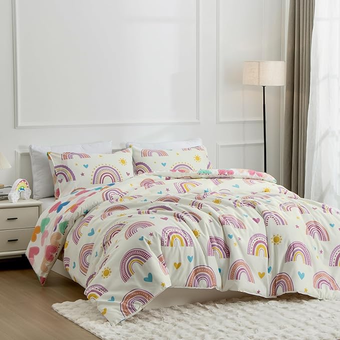 Btargot Lightweight Soft 3 Piece Rainbow Comforter Set with 2 Pillow Covers, Cartoon Love Hearts Suns and Stars Bedding Set for Girls Boys Kids, Twin Purple