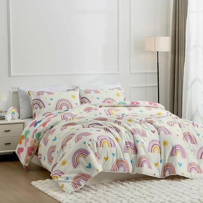Btargot Lightweight Soft 3 Piece Rainbow Comforter Set with 2 Pillow Covers, Cartoon Love Hearts Suns and Stars Bedding Set for Girls Boys Kids, Full Purple