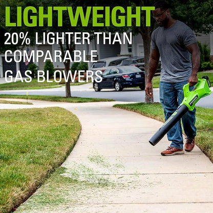 Greenworks 24V (90 MPH / 320 CFM / 125+ Compatible Tools) Cordless Axial Leaf Blower, 2.0Ah Battery and Charger Included