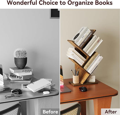 SUNMORY 4 Tier Tree Bookshelf, Small Bookcase, Modern Narrow Bookshelves Organizer, Floor Standing Book Shelf for Bedroom/Living Room/Home Office/Corner, Brown