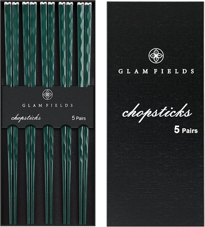 GLAMFIELDS 5 Pairs Chopsticks Reusable, Premium Fiberglass Chop sticks Dishwasher Safe for Sushi Ramen, Non-slip, 9 1/2 inches - Gift Set Green with Silver Plated