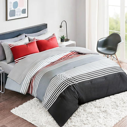Comfort Spaces Twin Comforter Sets with Sheets - Bed in a Bag 6 Pieces Teen Bedding Sets Twin, Red and Grey Stripes Bedding Twin, College Twin Bed Set with 2 Side Pockets Bedroom Organizer
