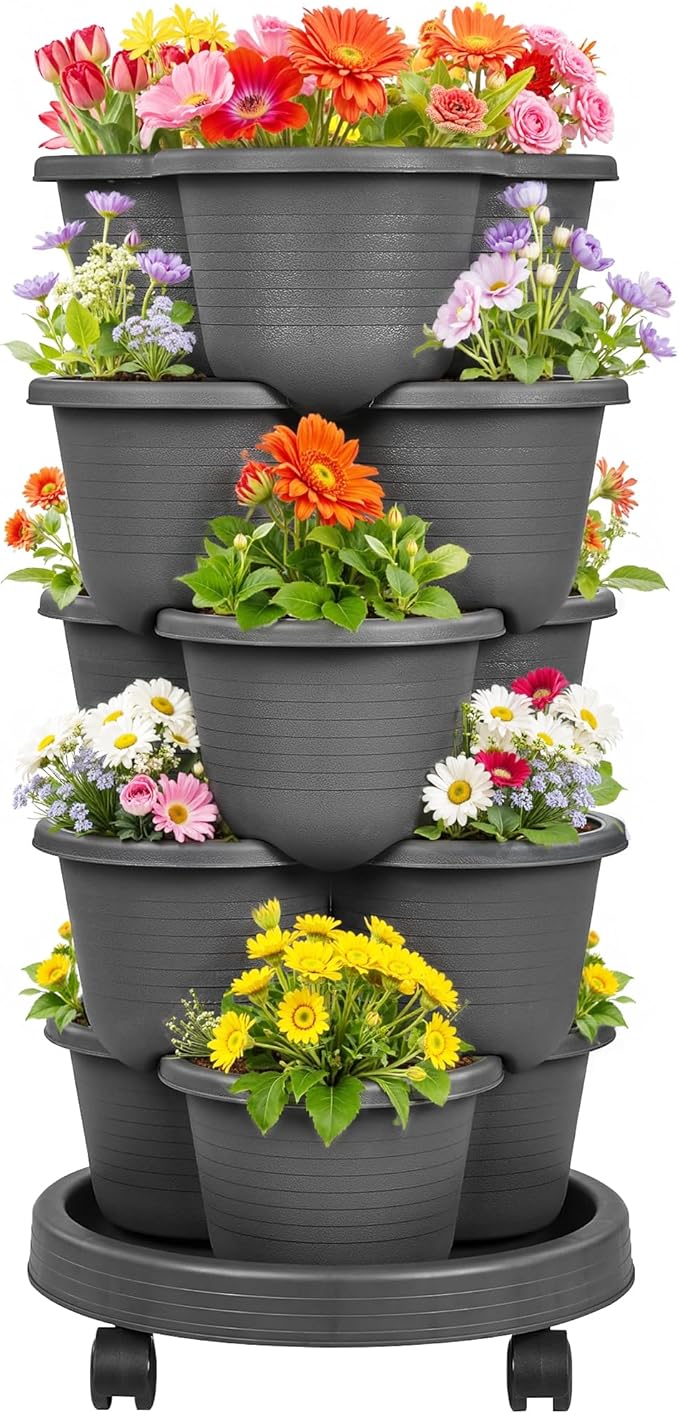 VECELO 5 Tier Vertical Garden Planter, Self Watering Stackable Planters with Wheels for Strawberries, Herbs, Flowers, Vegetables, Dark Gray