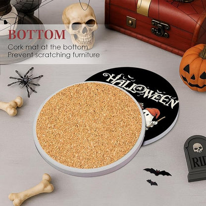 Coaster for Drinks Set of 6, Halloween Black and White Ghost Pumpkins Absorbent Round Ceramic Stone Mat, with Cork Base and Metal Holder, Gift for Housewarming Room Bar Decor