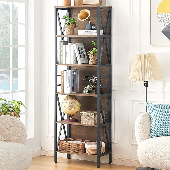 HOMISSUE Bookshelf, 6-Tier Bookshelf, Rustic Wood Metal Bookshelves and Bookcases, Freestanding Open Bookshelf, Industrial Tall Bookcase for Home Office, Living Room and Bedroom, Vintage Brown