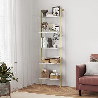 5-Tier Bookshelf Solid Wood Ladder Shelf, Narrow Book shelf Display Shelf, Wooden Ladder Shelf Bookcase, Wall Mount Ladder Shelf, Storage Rack for Living Room, Bedroom, Bathroom, White and Gold