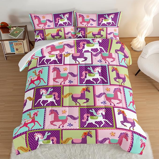 HOSIMA 3Pcs Kawaii Kids Horse Comforter Set with 2 Pillowcases,Colorful Dots Style Twin Bed in a Bag Sets for Adults Teens,Horse Pony Twin Comforter Princess Toddler Bedding Set.