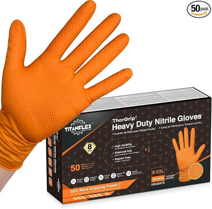 TitanFlex Heavy Duty Industrial Orange Nitrile Gloves, 8-mil, Gloves Disposable Latex Free with Raised Diamond Texture Grip, Powder Free, Rubber Glove, Mechanic Gloves,50-ct Box (Small)