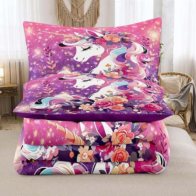 Tailor Shop Unicorn Bedding Full Size 5 Pieces Unicorn Comforter Bed in a Bag for Girls/Kids Pink Comforter Set for Kids Girls Unicorn Sheets Room Decor……