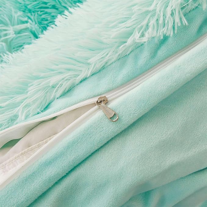 FOPPA Green fluffy Comforter Cover Set king- Ultra Soft fluffy green Bedding Sets 3 Pieces (1 Duvet Cover + 2 Pillow case) green fluffy bed set (Mint Green, King)