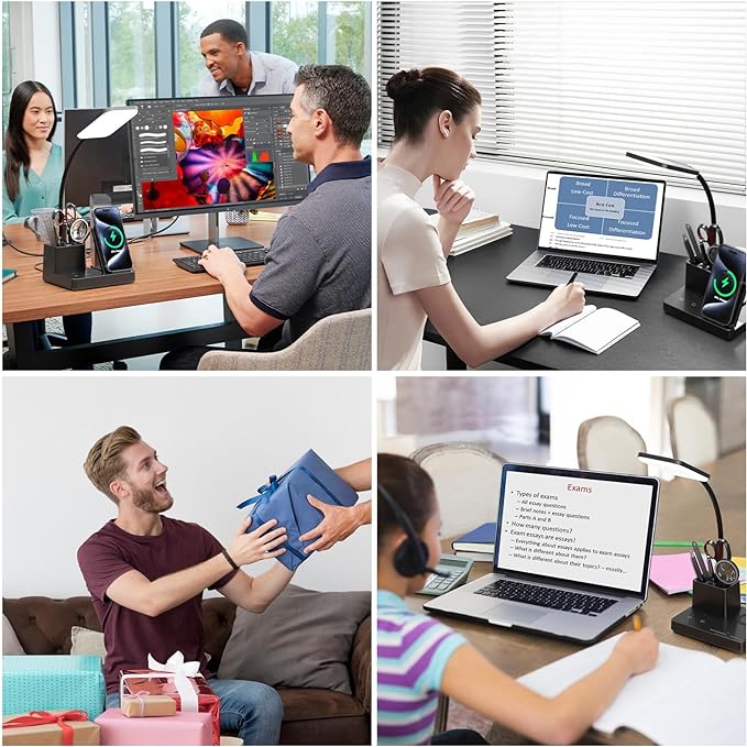 comzler LED Desk Lamp with Wireless Charger,Small Desk Lamps with Pen Phone Holder, Black Desk Lamp for for Home Office,8W 3 Modes Dimmable Touch Lamp, Desktop Study Lamps for College Dorm Room