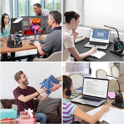 comzler LED Desk Lamp with Wireless Charger,Small Desk Lamps with Pen Phone Holder, Black Desk Lamp for for Home Office,8W 3 Modes Dimmable Touch Lamp, Desktop Study Lamps for College Dorm Room