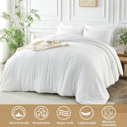 Queen Size Tufted Kids Comforter Set 7 Piece White Jacquard Tufts Embroidery Bedding Set for Boys Girls Bed in A Bag Quilt with 1 Comforter, 1 Flat Sheet, 1 Fitted Sheet, 2 Pillowcase, 2 Pillow Sham