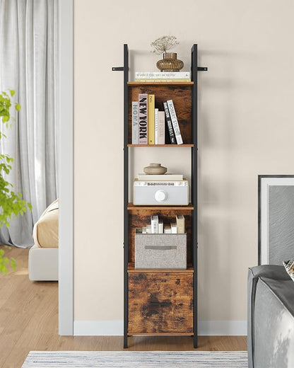 VASAGLE 5-Tier Bookshelf, Book Shelf with Drawer, Industrial Bookcase, with Steel Frame, for Living Room, Home Office, Bedroom, 9.4 x 15.7 x 65 Inches, Rustic Brown and Black ULLS146B01
