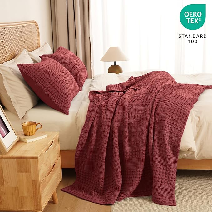 PHF 100% Cotton Waffle Weave Throw Blanket, Soft Lightweight Breathable Cozy Summer Throws for Couch Bed Sofa, Luxury Aesthetic Woven Blanket for Home Decor & Office, 50"x60", Wine Red