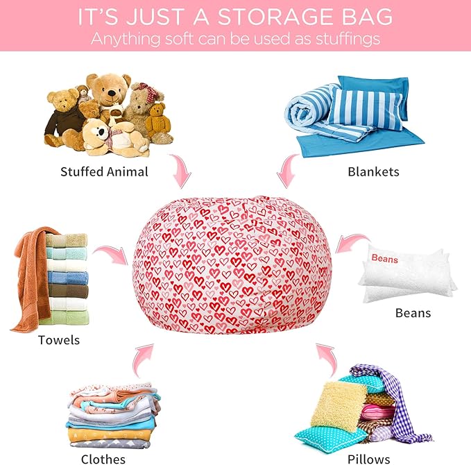 Aubliss Stuffed Animal Bean Bag Storage Chair, Beanbag Covers Only for Organizing Plush Toys, Turns into Bean Bag Seat for Kids When Filled, Medium 32"-Canvas Pattern Heart