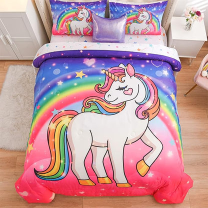 Aimuan Girls Unicorn Comforter Set 6 Pieces Pink Purple Bedding Set with Rainbow Star Galaxy Stars Fantasy Children Room Decor Soft Reversible Bed Sets for Boys/Girls/Teens (Pink-purple Full6Pcs)