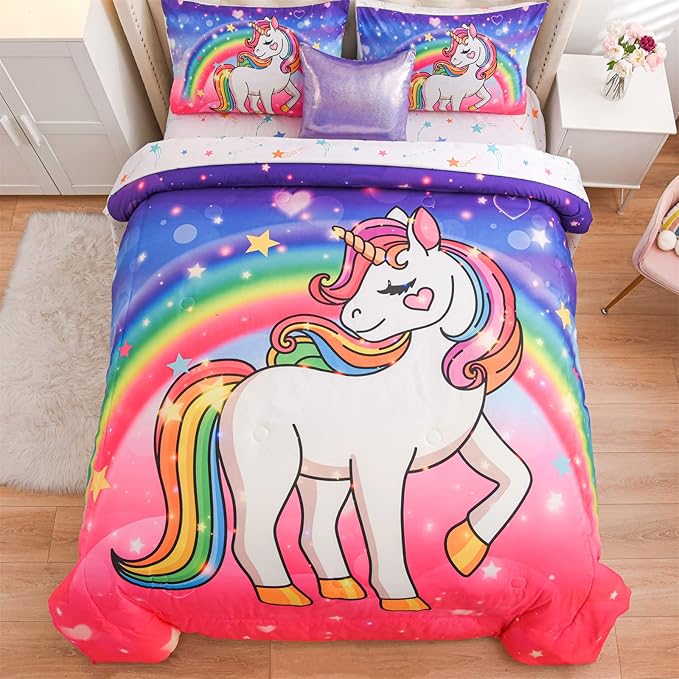 Aimuan Girls Unicorn Comforter Set 6 Pieces Pink Purple Bedding Set with Rainbow Star Galaxy Stars Fantasy Children Room Decor Soft Reversible Bed Sets for Boys/Girls/Teens (Pink-purple Twin6Pcs)