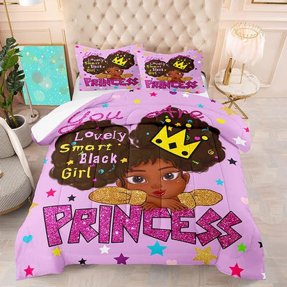African Black Girl Full Size Comforter Sets for Girls, Black Girl Teen Girl Comforter Set Full Size, Purple Princess Full Size Bedding Set, Full (1 Comforter 2 Pillowcases)