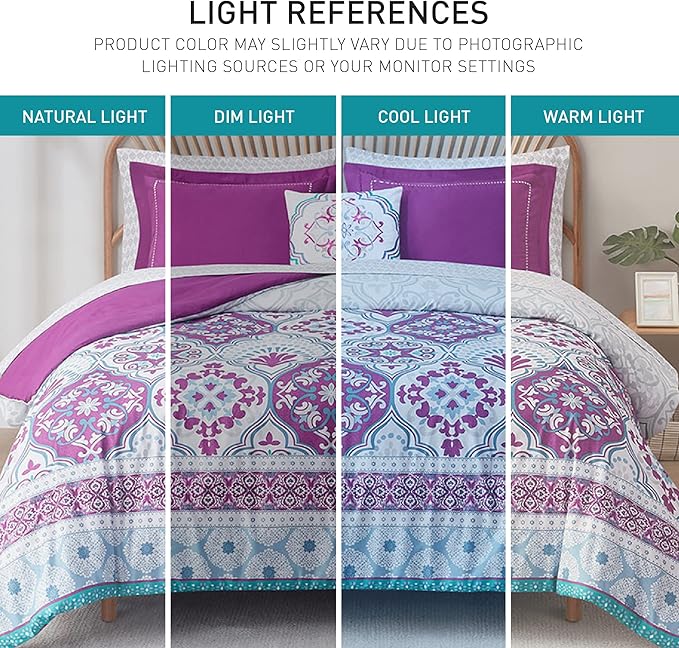 Degrees of Comfort Full Size Complete Comforter Sets, Lattice Boho Bed in A Bag,Microfiber Bedding Set with Side Pockets, Matching Decorative Pillow, 8 Piece Purple
