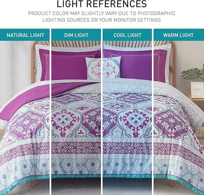 Degrees of Comfort Full Size Complete Comforter Sets, Lattice Boho Bed in A Bag,Microfiber Bedding Set with Side Pockets, Matching Decorative Pillow, 8 Piece Purple