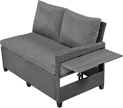 5 Piece Outdoor Furniture Patio Conversation with Dining Table&Bench, Sectional PE Wicker L-Shaped Sofa w/2 Extendable SideTable&Cushions&Washable Covers, Garden Rattan Couch, Gray