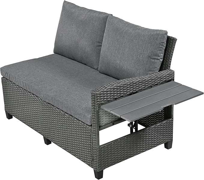 Merax Patio Furniture Sets Outdoor, All Weather Sectional PE Rattan Sofa with 2 Extendable Side, Dining Table and Bench, 5-Piece, Grey